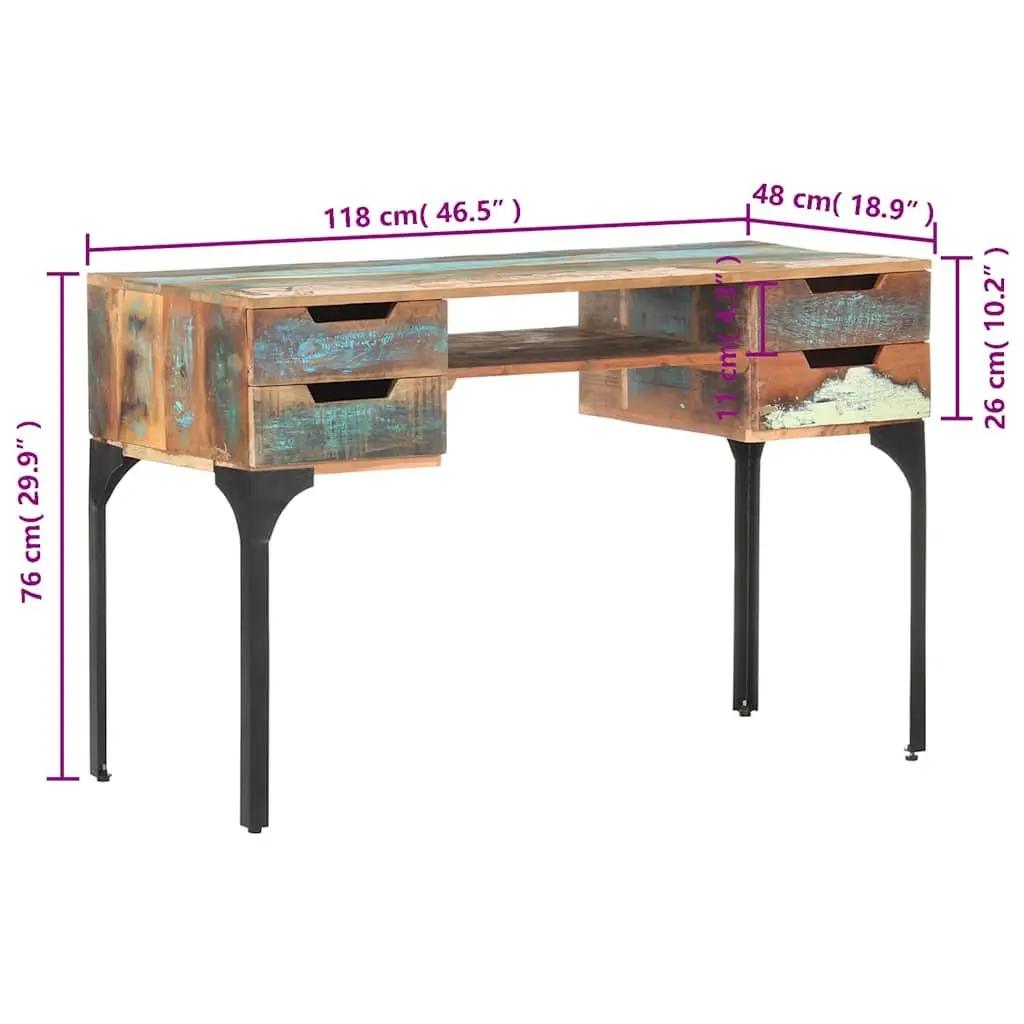Solid Reclaimed Wood Desk 118x48x75 cm Office Writing Table with Drawers Shelf