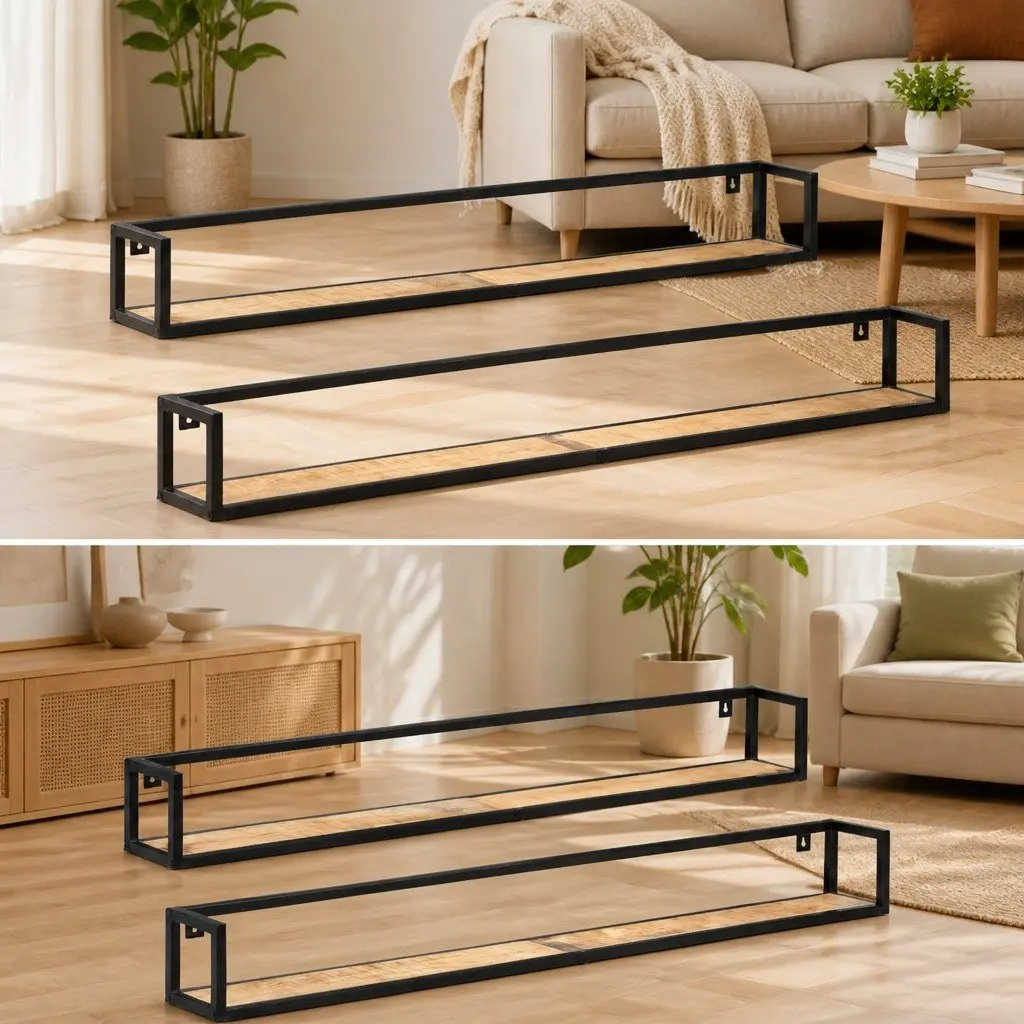 Wooden Wall Shelves 160 cm Floating Storage Industrial Style Brown 2 Piece