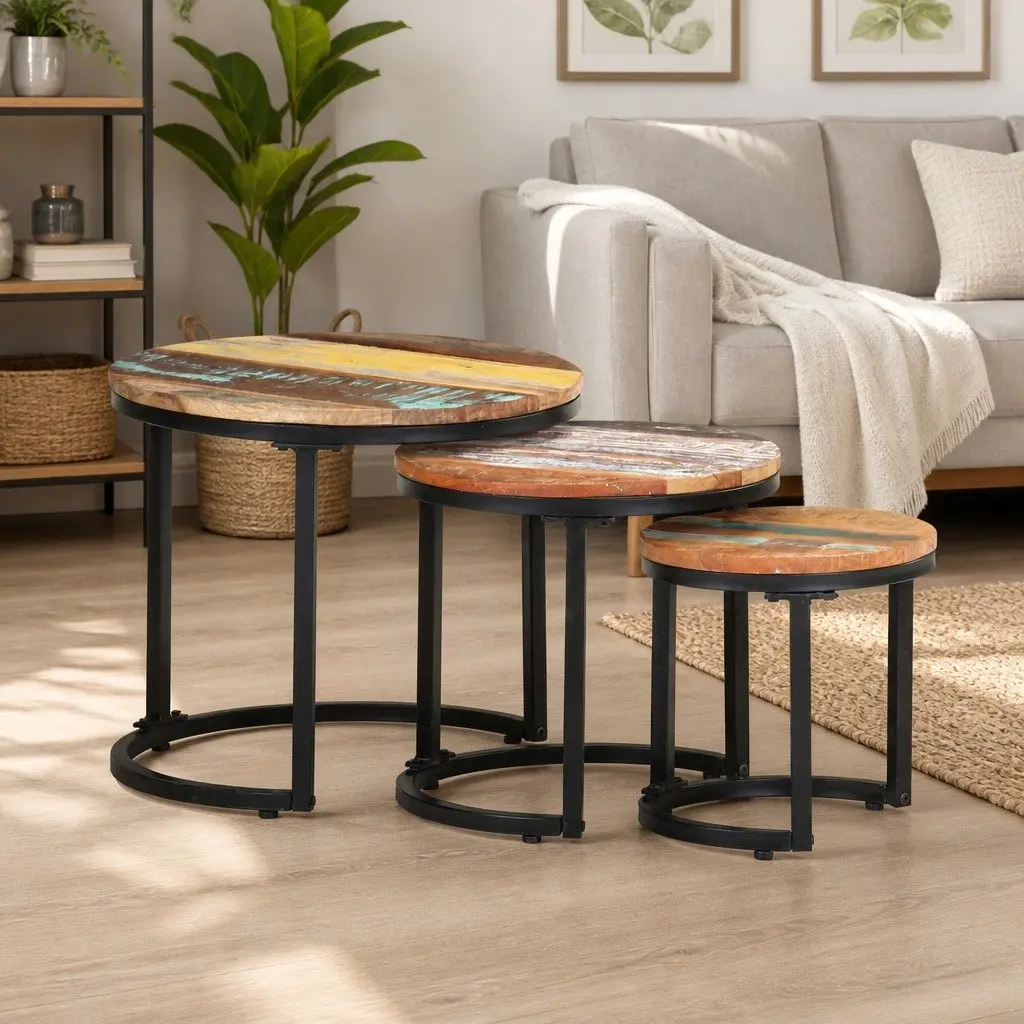 End Tables 3 Piece Set Solid Reclaimed Wood Side Tables Industrial Home Decor
