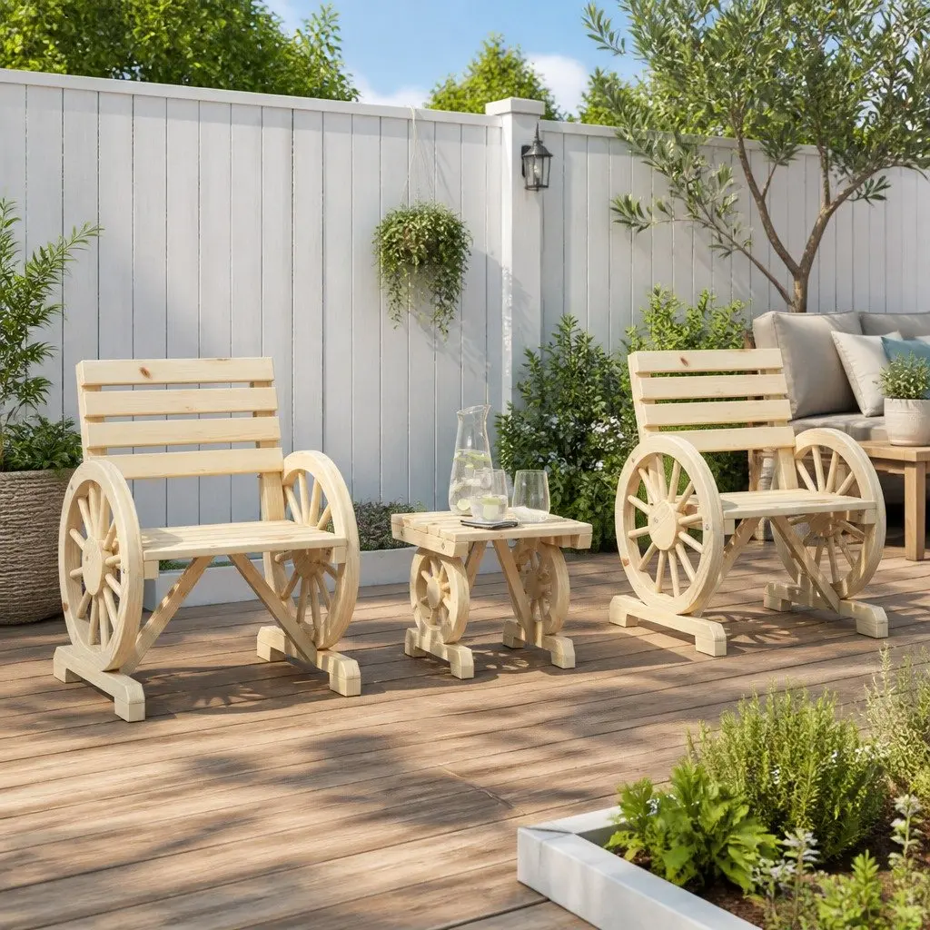 3 Piece Adirondack Chair Garden Lounge Set Outdoor Furniture Brown