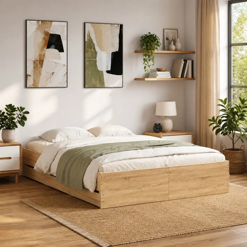 Storage Drawer Bed Frame Engineered Wood Slatted Base Brown 150x200cm