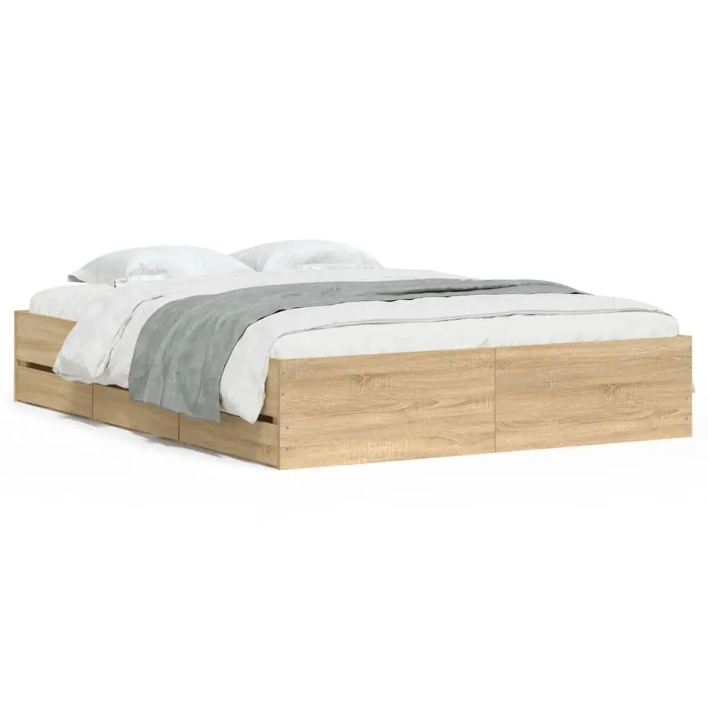 Storage Drawer Bed Frame Engineered Wood Slatted Base Brown 150x200cm