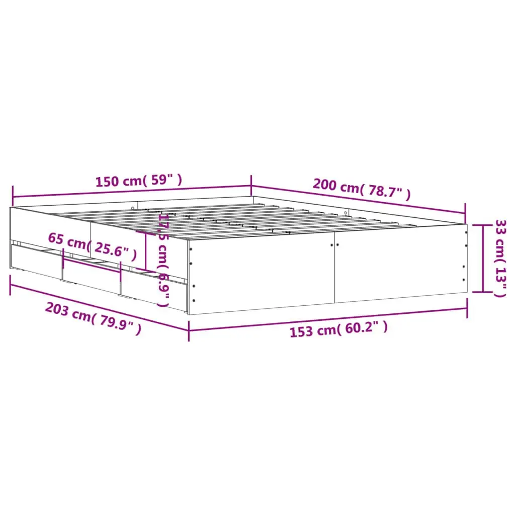 Storage Drawer Bed Frame Engineered Wood Slatted Base Brown 150x200cm