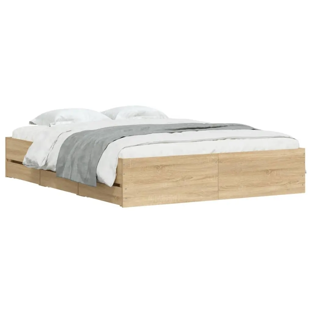 Storage Drawer Bed Frame Engineered Wood Slatted Base Brown 150x200cm