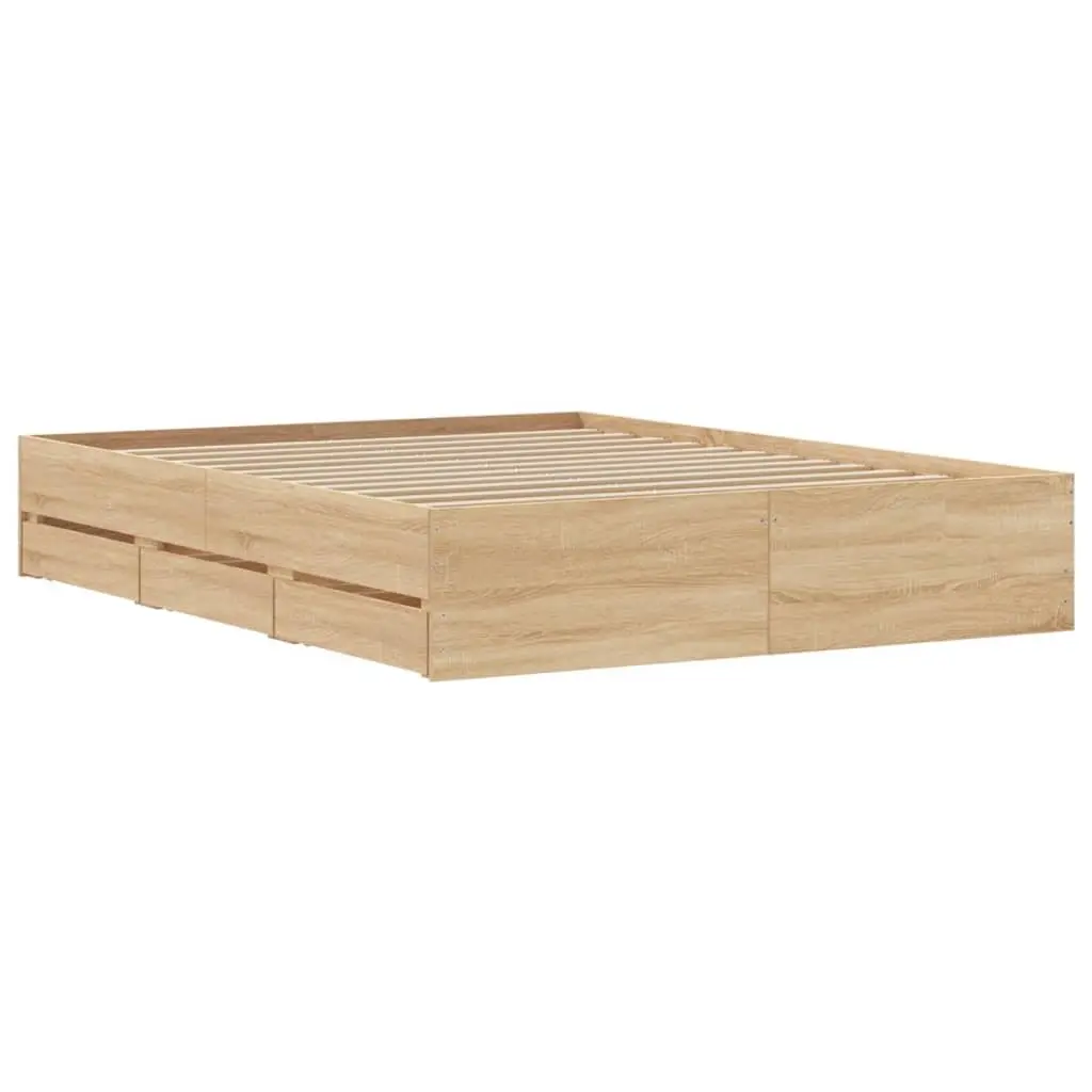 Storage Drawer Bed Frame Engineered Wood Slatted Base Brown 150x200cm