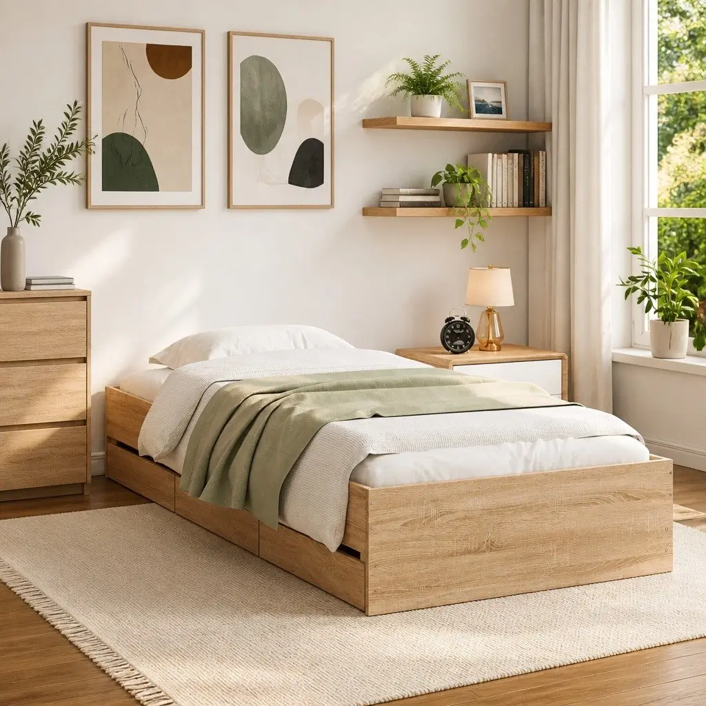 Bed Frame with Storage, Sonoma Oak Finish