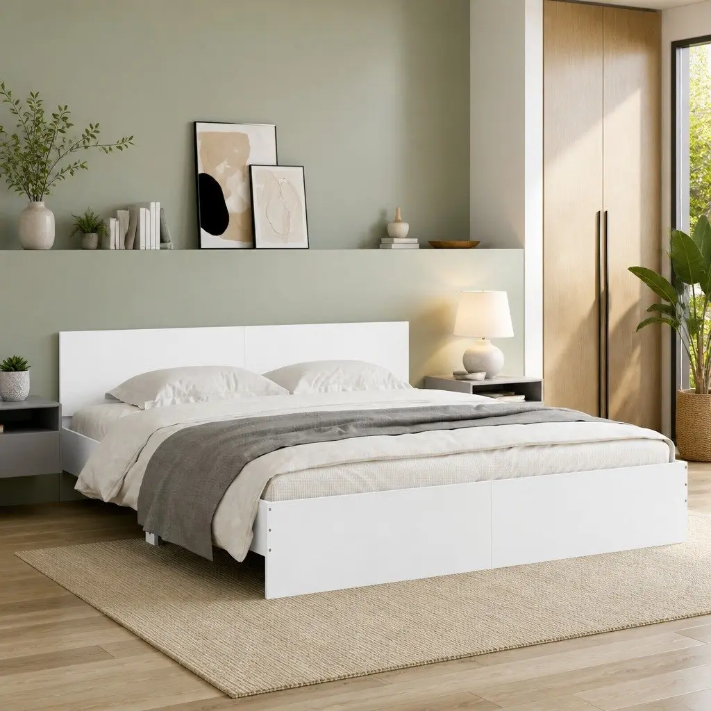 White King Bed Frame with Headboard Slatted Base 183x203 cm for Bedroom