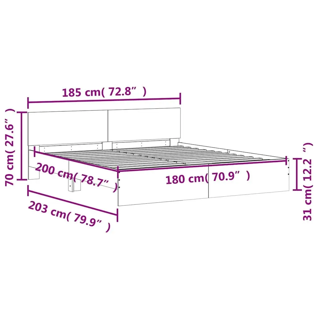 White King Bed Frame with Headboard Slatted Base 183x203 cm for Bedroom