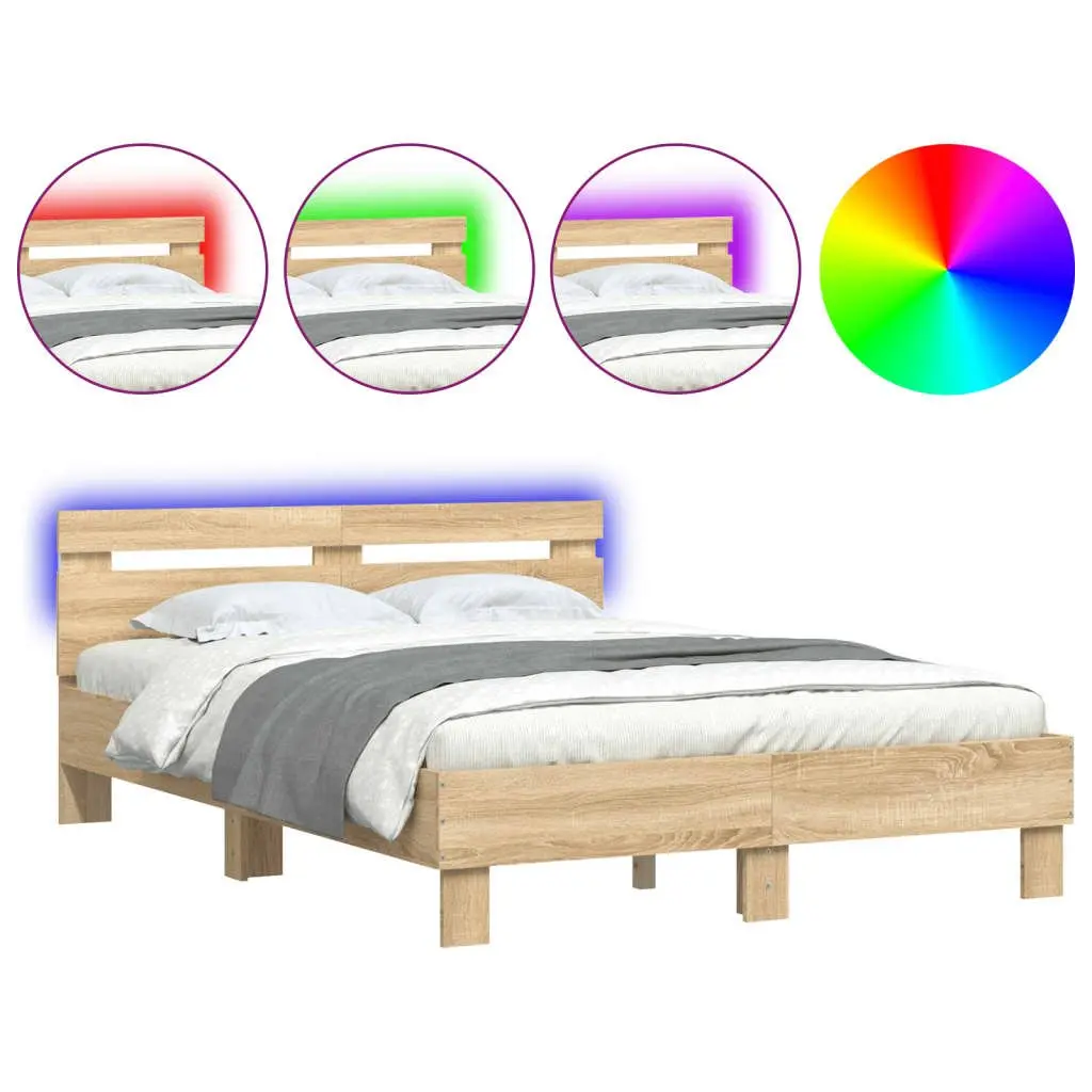 Bed Frame RGB LED Lights Bedroom Furniture 135x190cm Brown Sonoma Oak