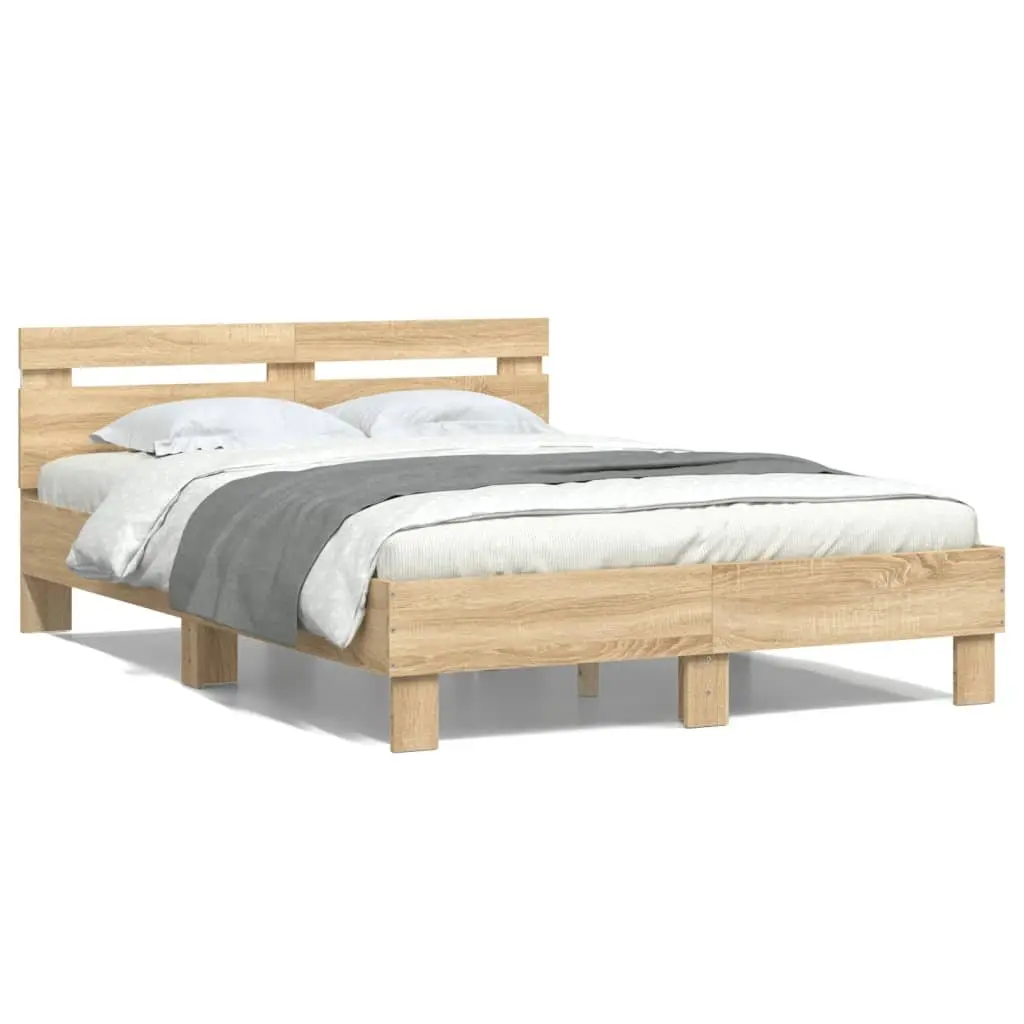Bed Frame RGB LED Lights Bedroom Furniture 135x190cm Brown Sonoma Oak