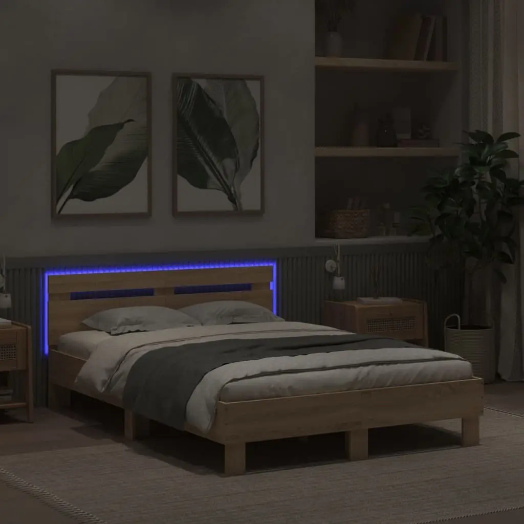 Bed Frame RGB LED Lights Bedroom Furniture 135x190cm Brown Sonoma Oak