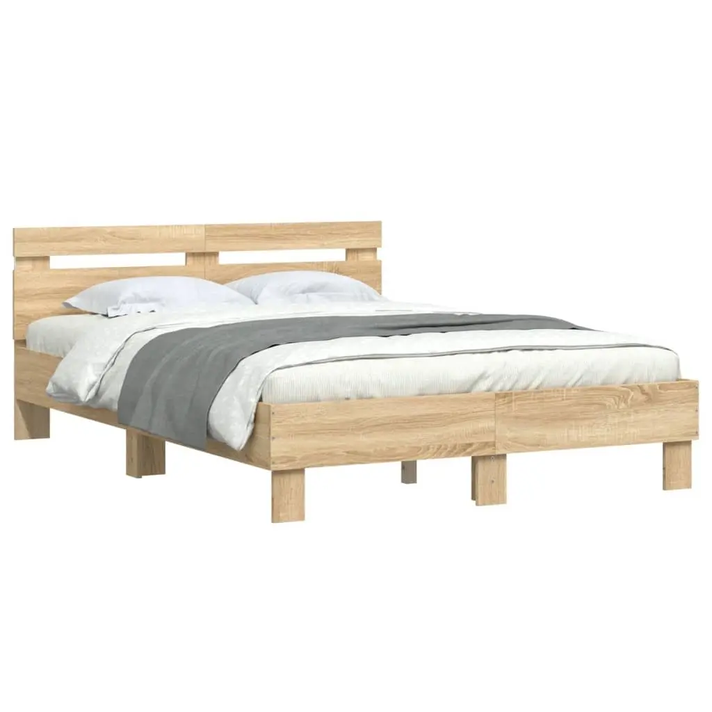 Bed Frame RGB LED Lights Bedroom Furniture 135x190cm Brown Sonoma Oak