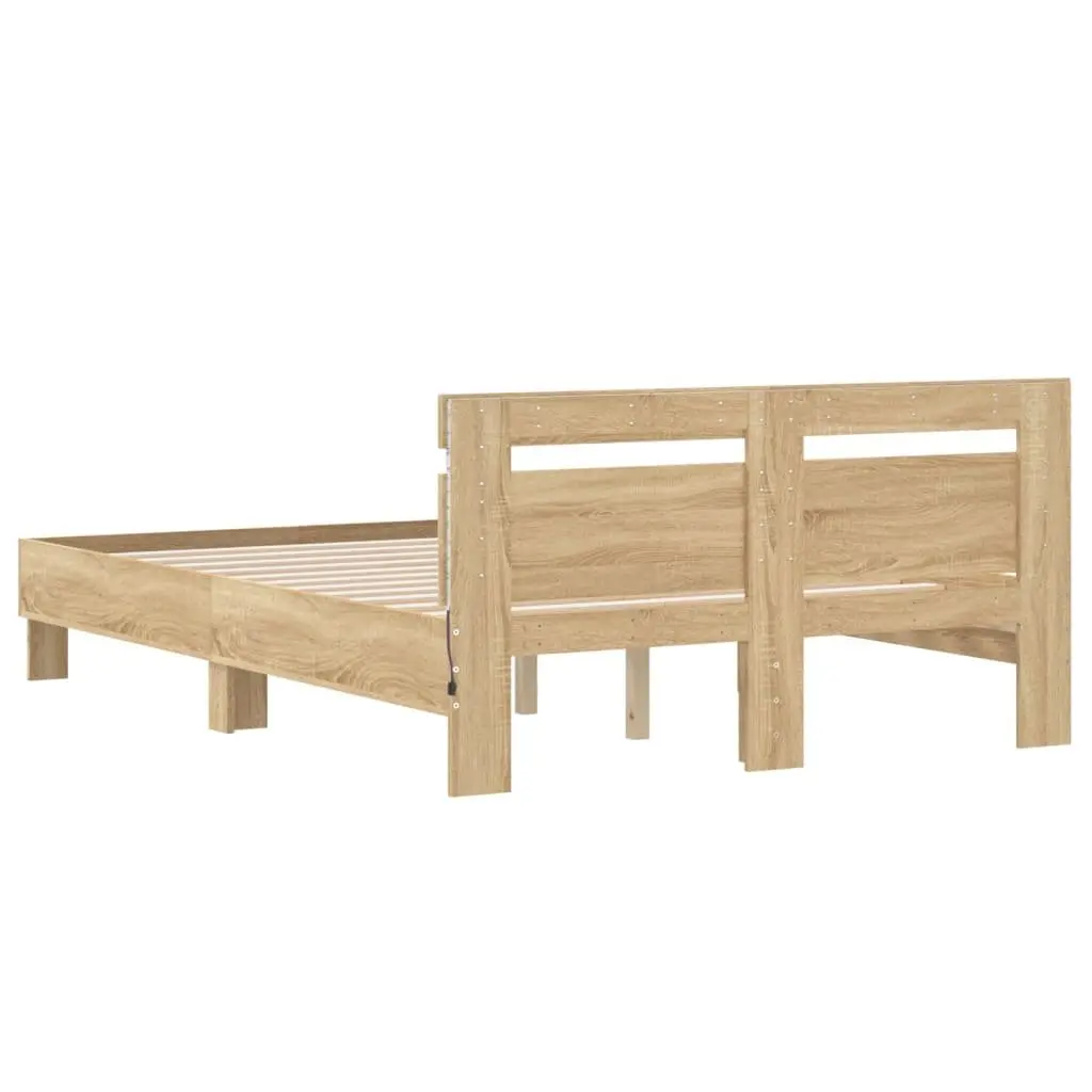 Bed Frame RGB LED Lights Bedroom Furniture 135x190cm Brown Sonoma Oak