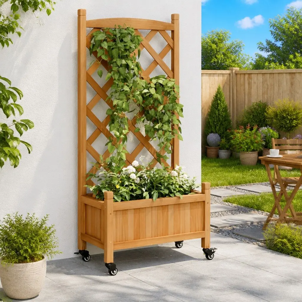 Wooden Planter Trellis for Climbing Plants Brown Fir Garden Patio with Wheels