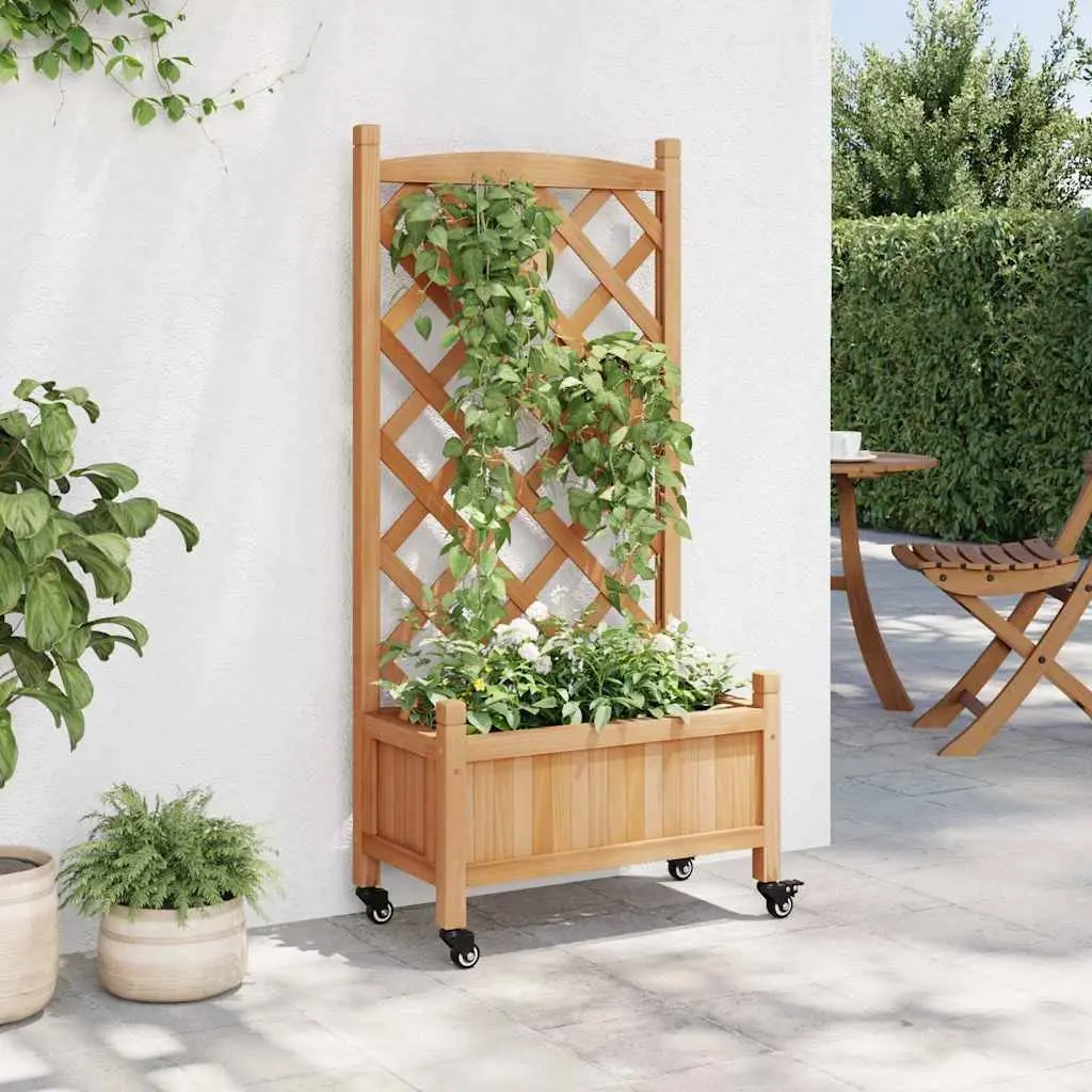 Wooden Planter Trellis for Climbing Plants Brown Fir Garden Patio with Wheels