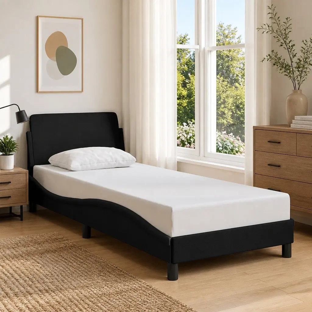 Bed Frame Black Fabric 90x190 cm Bedroom Furniture Slatted Base