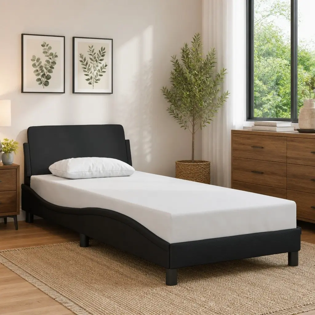 Faux Leather Bed Frame Black 90x190 cm with Headboard Slat Base