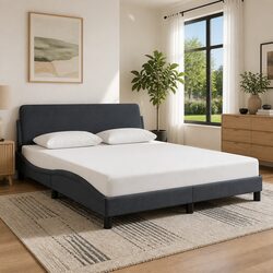 Queen Bed Frame Grey Velvet Upholstered Headboard Plywood Slats Modern Bedroom