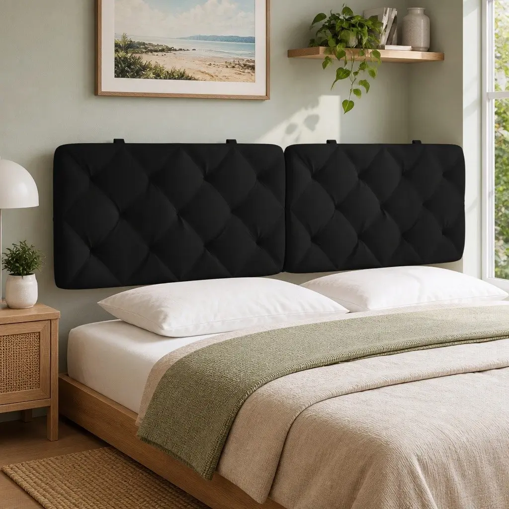 Headboard Cushion Velvet Black 180cm Foam Filled Wall Mount Bed Pillow