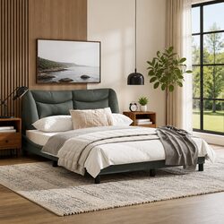 Double Bed Frame with Headboard Grey Fabric 137x190cm Bedroom Furniture