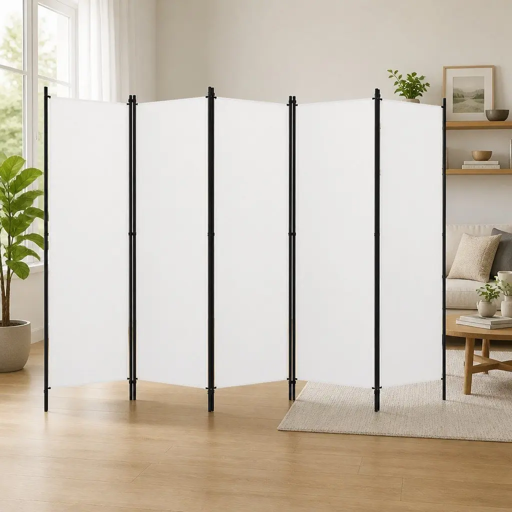 5-Panel Room Divider Privacy Screen 250 x 180 cm White Freestanding Folding Partition