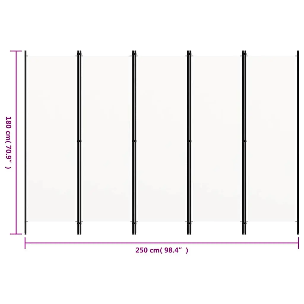 5-Panel Room Divider Privacy Screen 250 x 180 cm White Freestanding Folding Partition