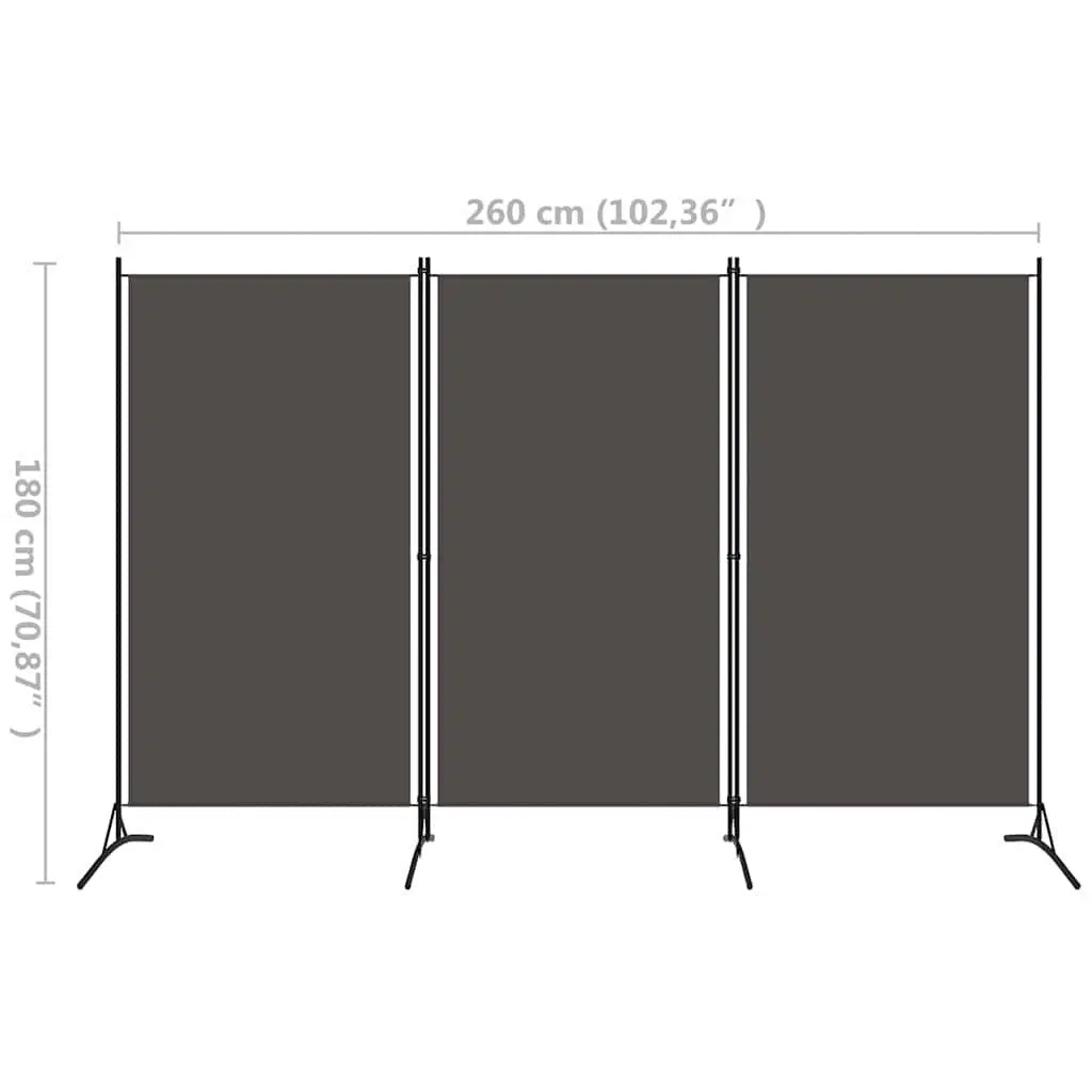 3-Panel Room Divider Grey Folding Privacy Screen Partition 260 x 180 cm