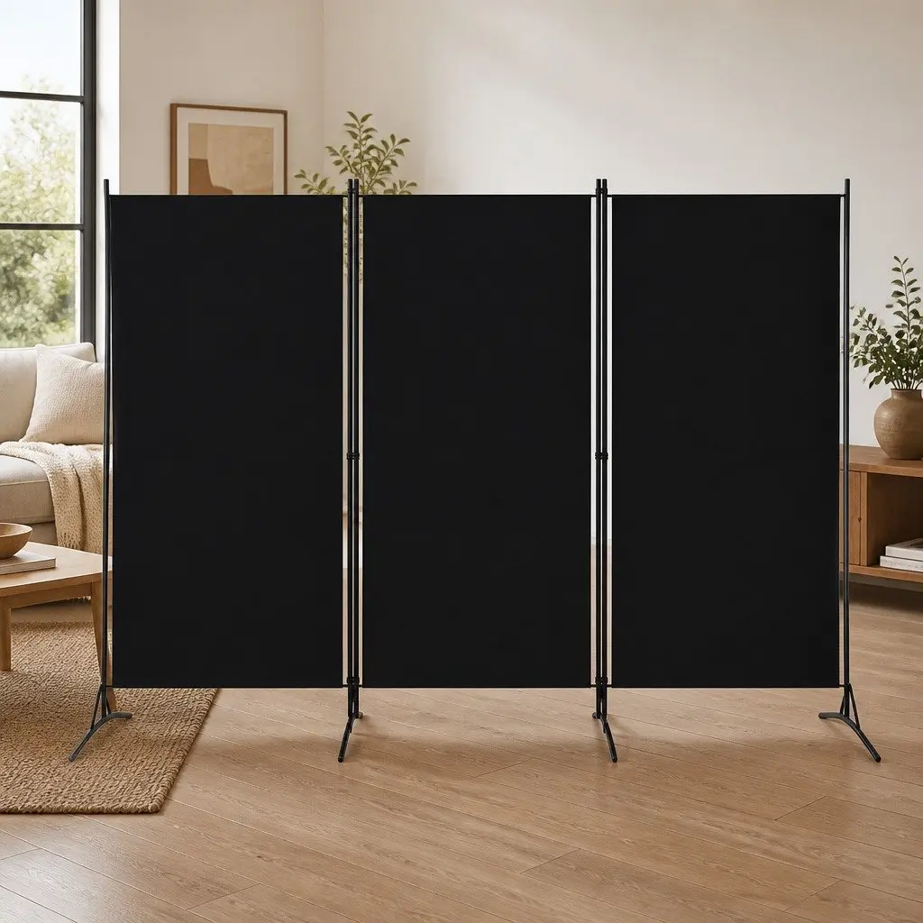 3-Panel Room Divider Folding Screen Fabric Partition Black 260 x 180 cm