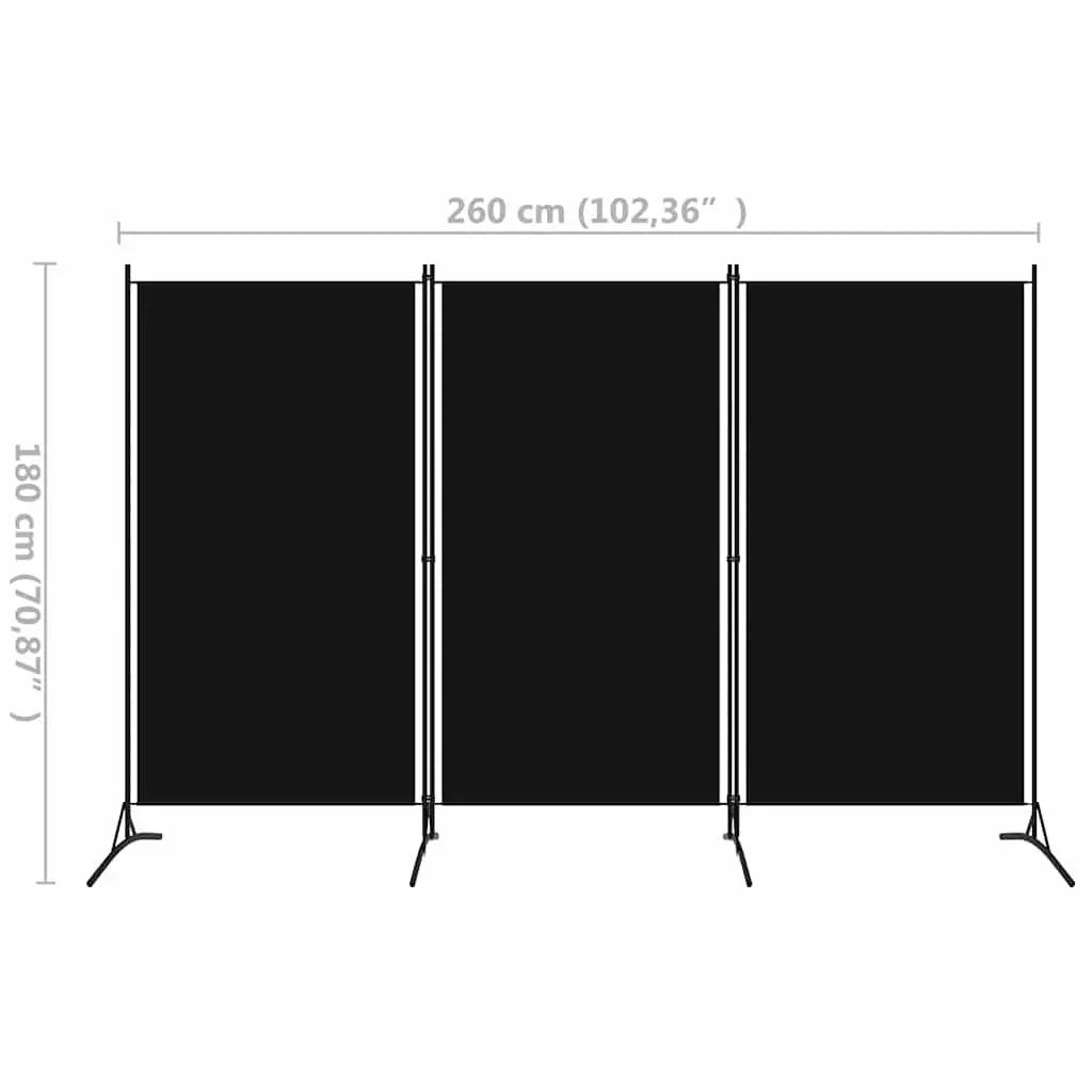 3-Panel Room Divider Folding Screen Fabric Partition Black 260 x 180 cm