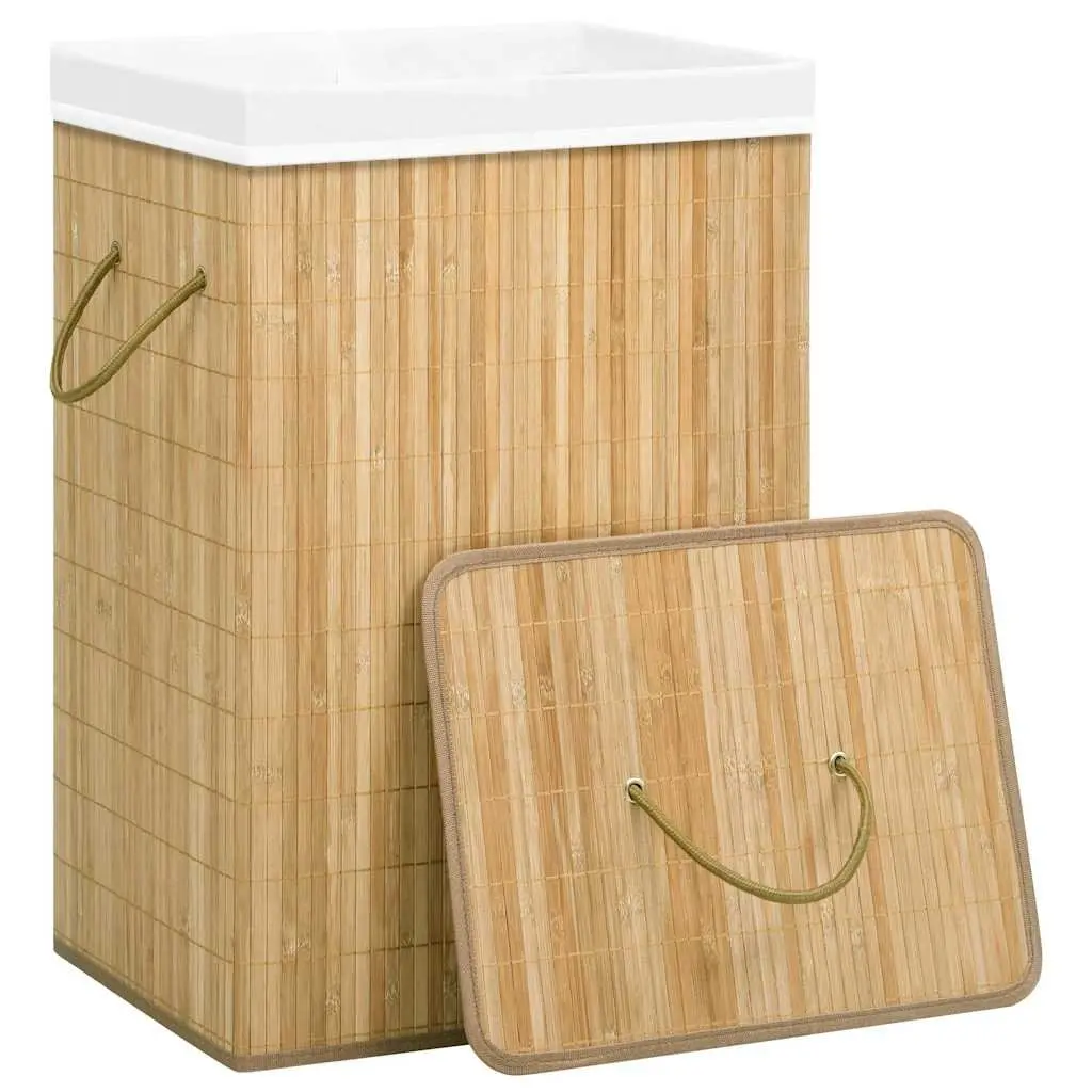 Bamboo Laundry Basket 72L 2 Sections Foldable Hamper Storage Bin Brown
