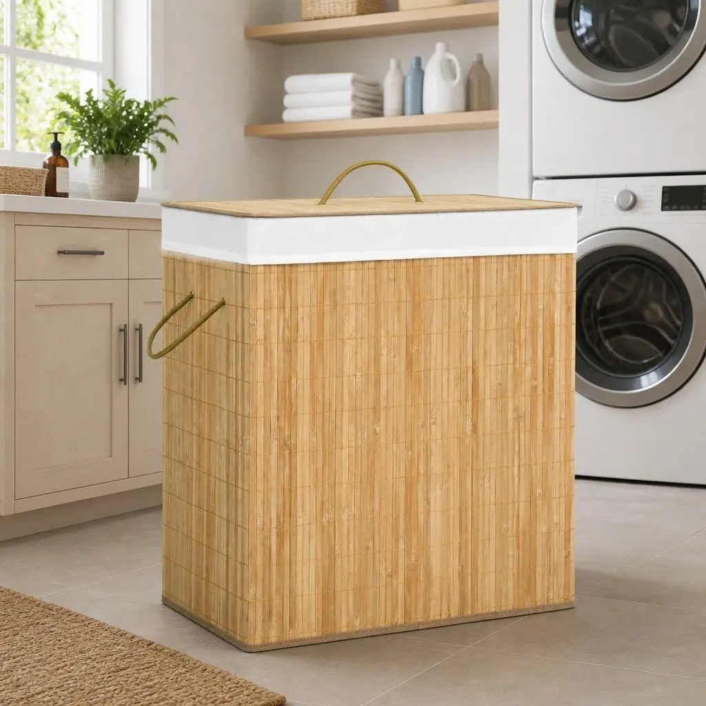 Bamboo Laundry Hamper 100L Brown Two Section Storage Basket for Organizing Dirty Clothes
