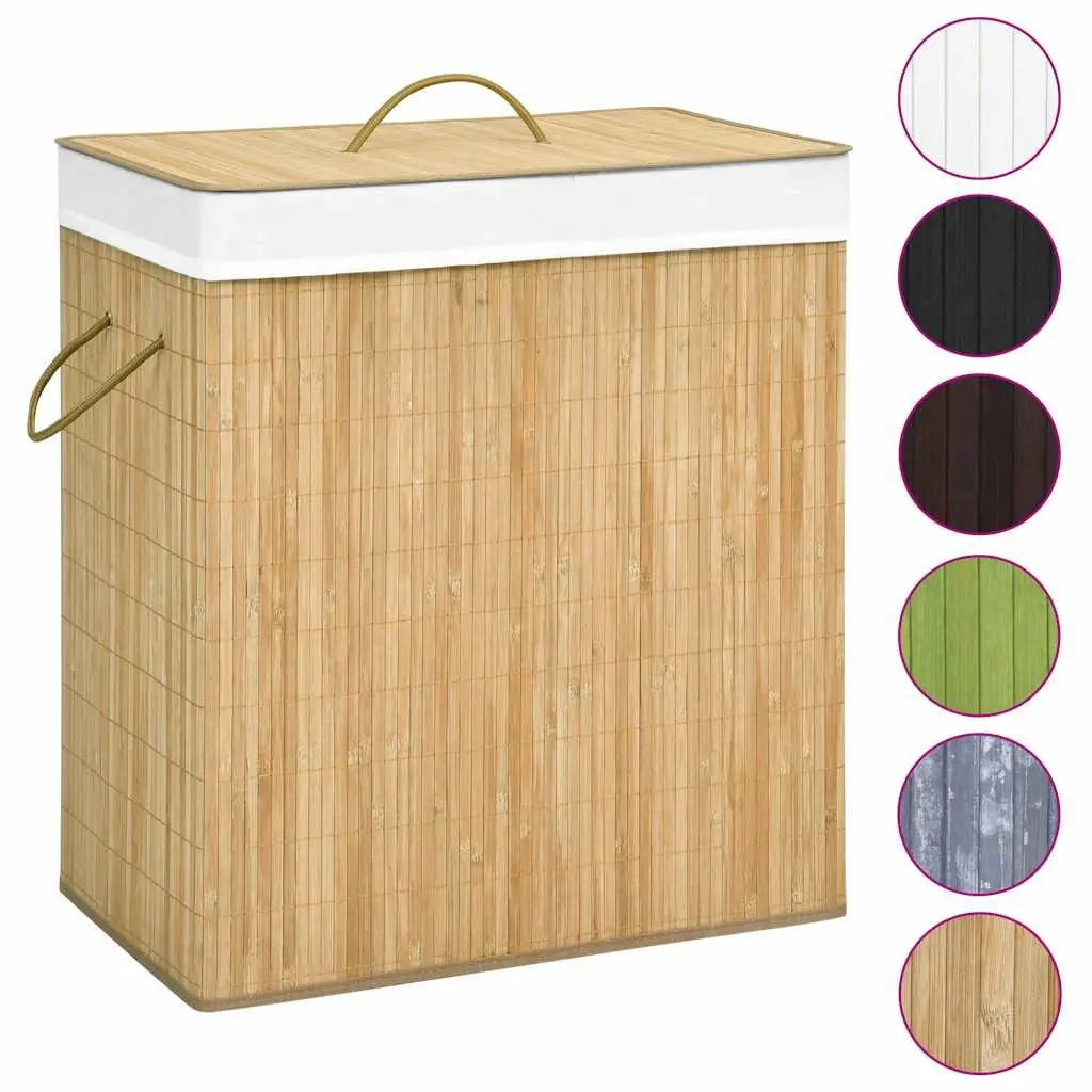 Bamboo Laundry Hamper 100L Brown Two Section Storage Basket for Organizing Dirty Clothes
