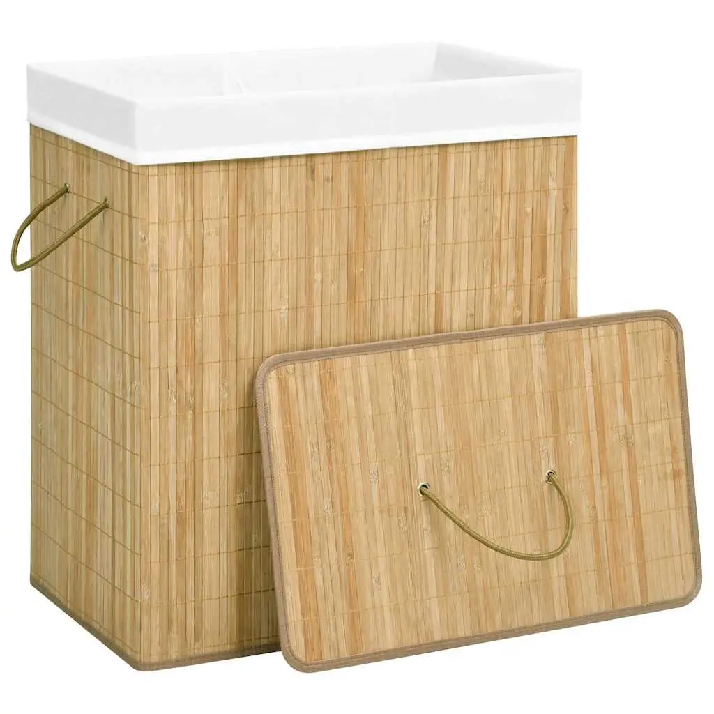 Bamboo Laundry Hamper 100L Brown Two Section Storage Basket for Organizing Dirty Clothes