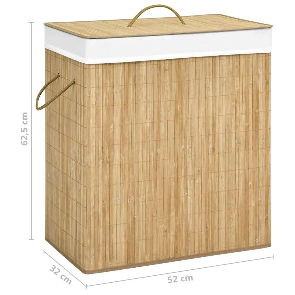 Bamboo Laundry Hamper 100L Brown Two Section Storage Basket for Organizing Dirty Clothes