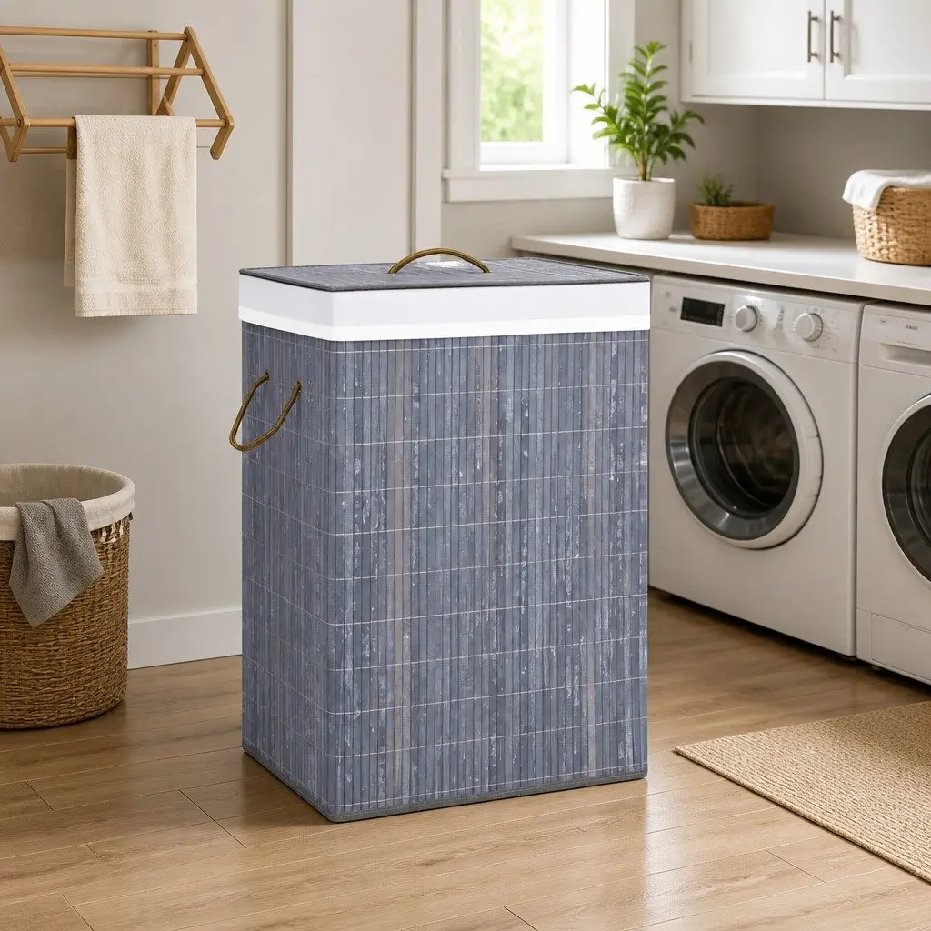 2-Section Bamboo Laundry Basket in Grey