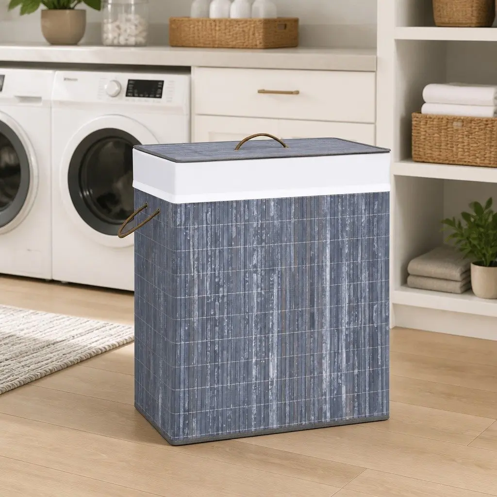 Bamboo Laundry Basket 2 Sections 100L Grey