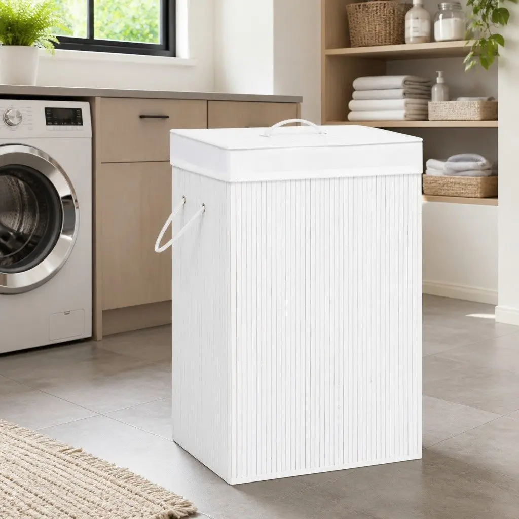 Bamboo Laundry Basket 2 Sections White Household Storage Hamper Removable Liner
