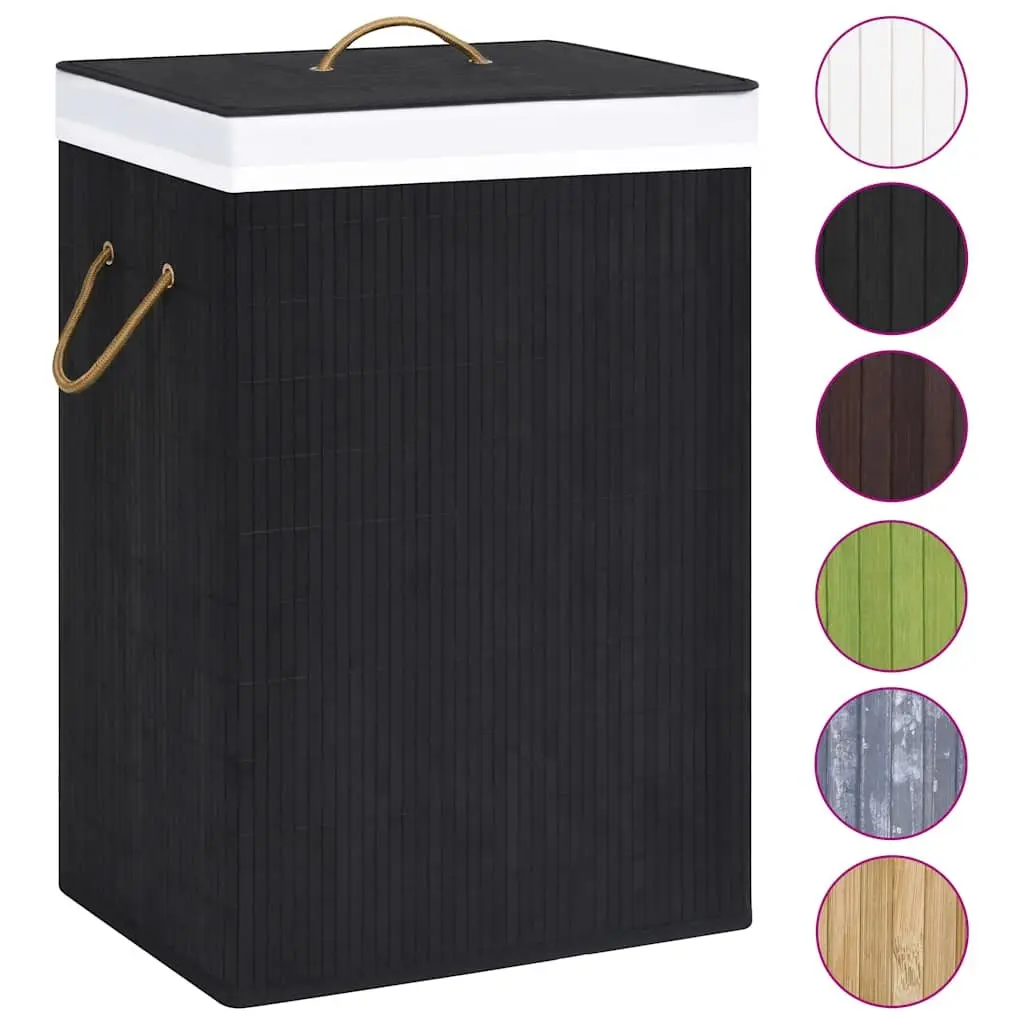 Bamboo Laundry Basket 2 Sections 72L Black Foldable Hamper