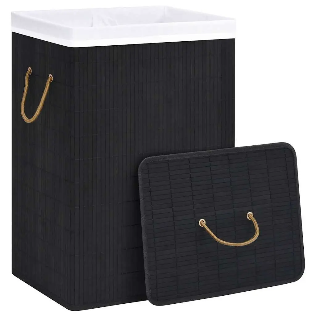 Bamboo Laundry Basket 2 Sections 72L Black Foldable Hamper