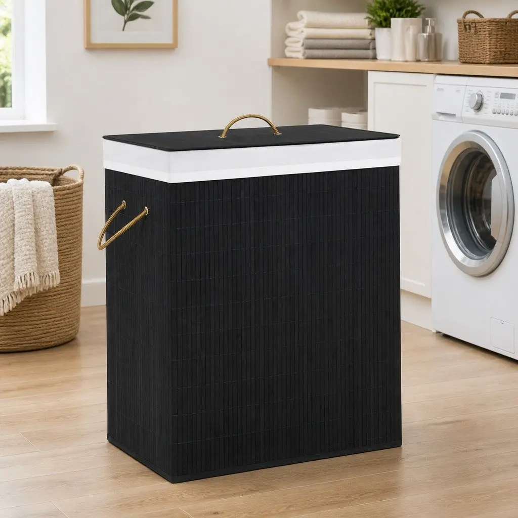 Bamboo Laundry Basket 2 Sections Black Removable Liner Handles