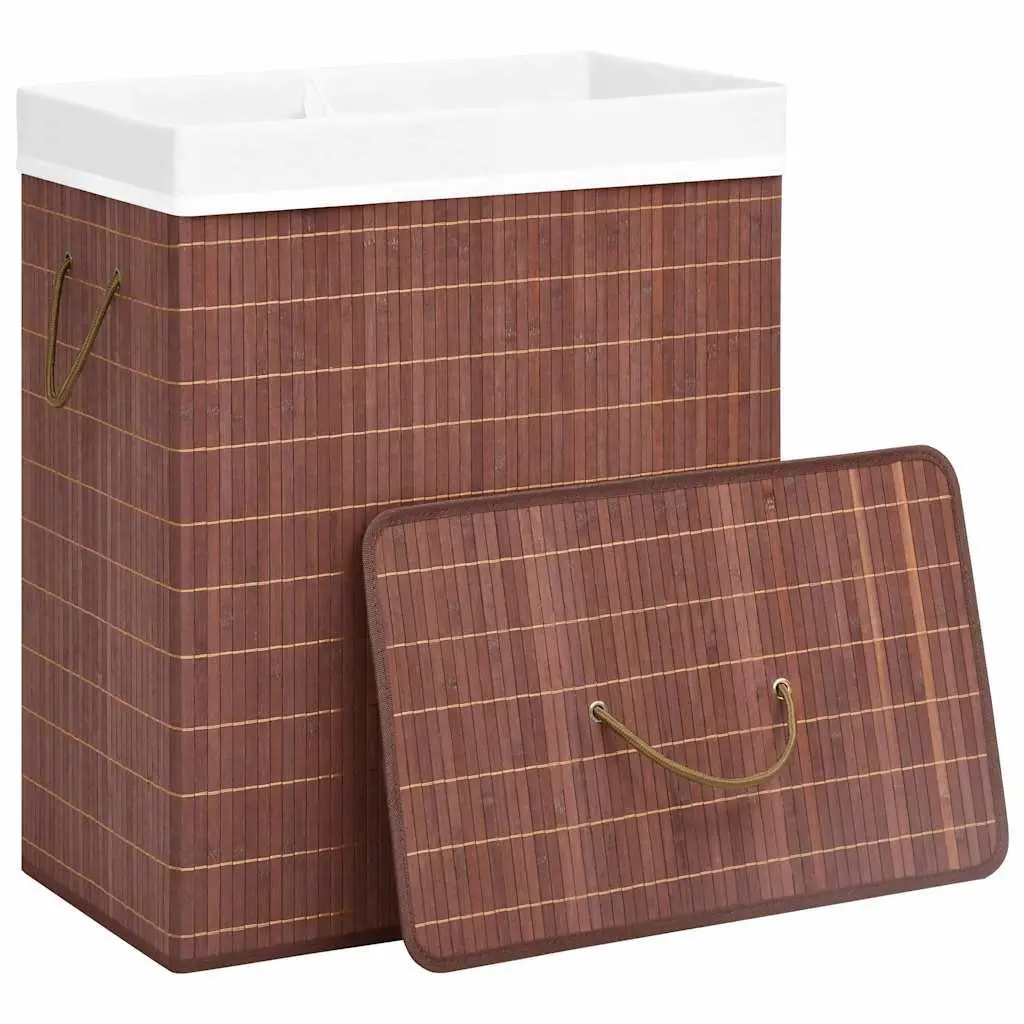 Bamboo Laundry Basket Brown 2 Sections Organiser with Handles for Household Storage
