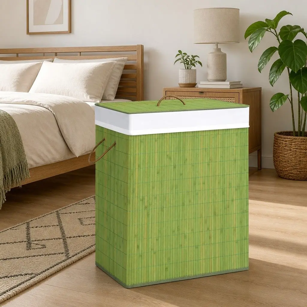 Bamboo Laundry Basket 2 Sections Green Storage Hamper Household Organiser