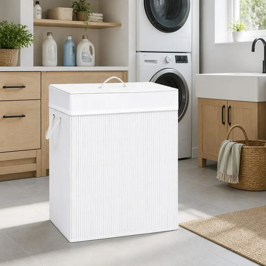Bamboo Laundry Basket Storage 83L White Single Section with Handles