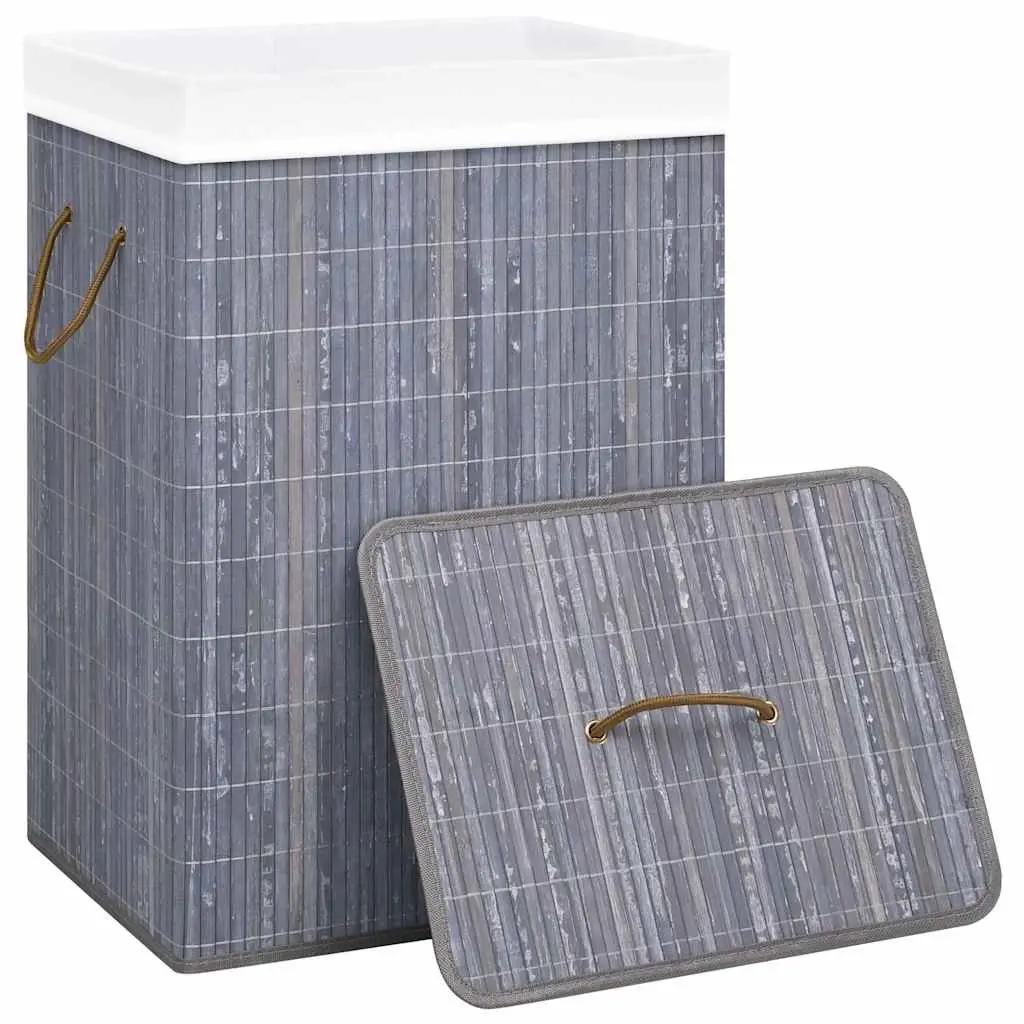 Bamboo Laundry Basket Organiser Single Section Grey Woven Fabric Liner Handles