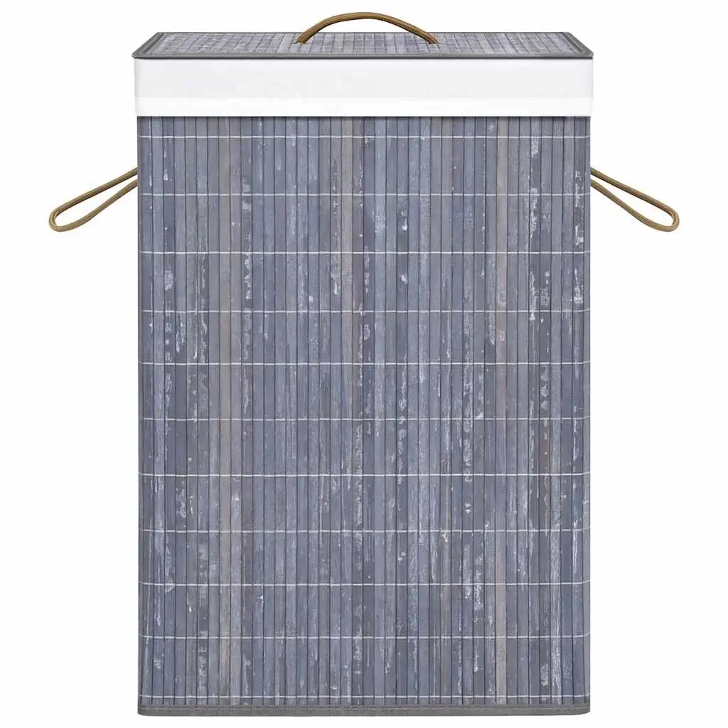 Bamboo Laundry Basket Organiser Single Section Grey Woven Fabric Liner Handles