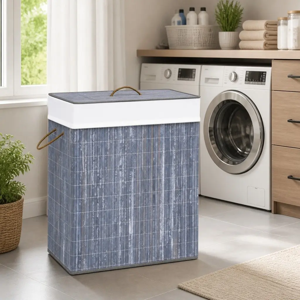 Laundry Basket Grey Bamboo 83L Single Compartment Storage Hamper with Removable Liner and Handles for Household Organisation