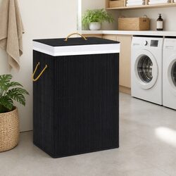 Bamboo Laundry Basket Black Single Section Household Storage Hamper with Handles