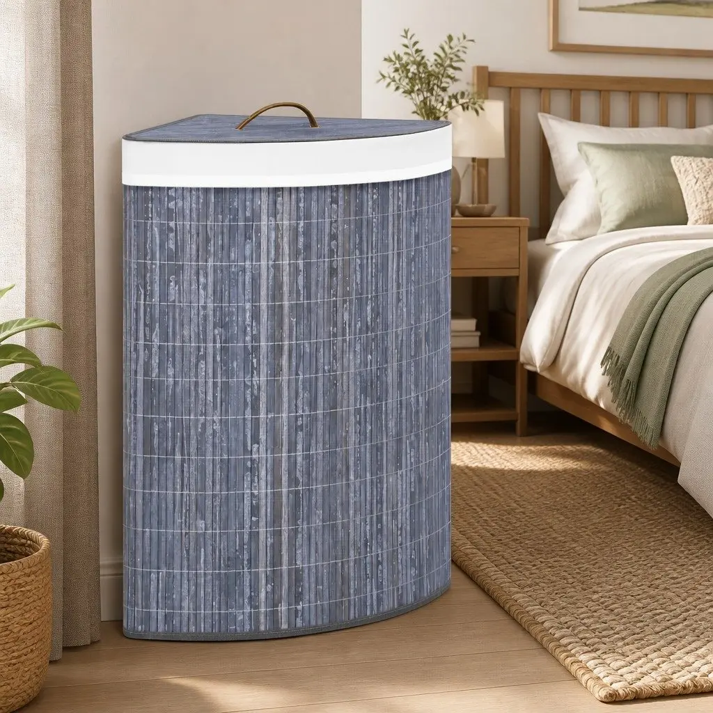 Bamboo Corner Laundry Basket 60L Grey Removable Liner Household Storage