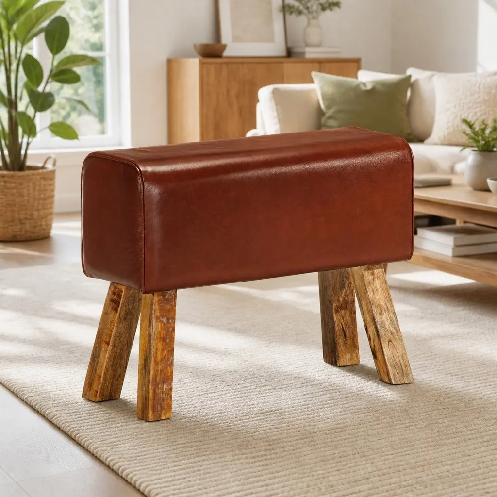 Gym Bok Bench Vintage Style 58 cm Brown Leather Seat Solid Mango Wood Legs Padded