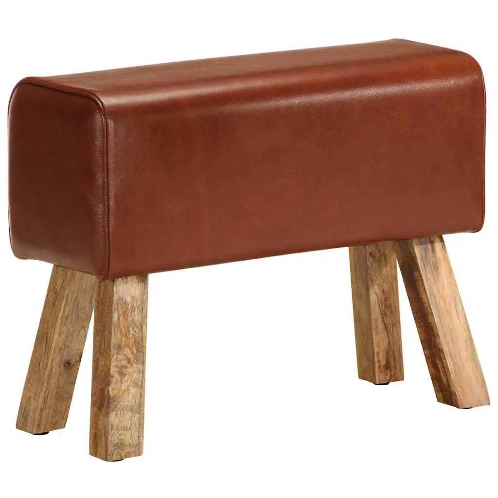 Gym Bok Bench Vintage Style 58 cm Brown Leather Seat Solid Mango Wood Legs Padded